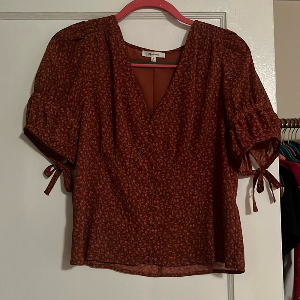 Madewell Recycled Georgette Button Front Ditsy Floral Bubble Sleeve Top size 8